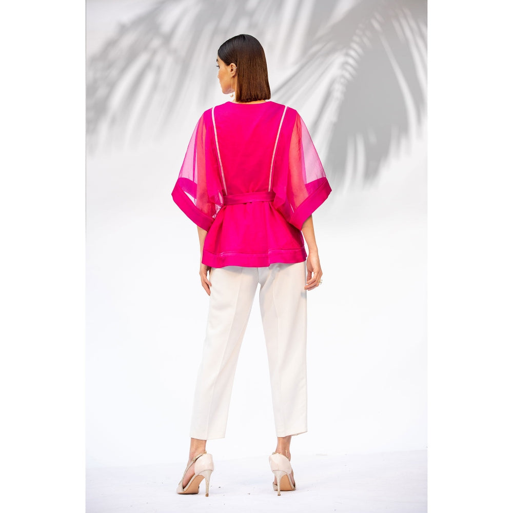 MANDIRA WIRK Hot Pink Peplum Top With Ivory Pant And Belt (Set Of 3)