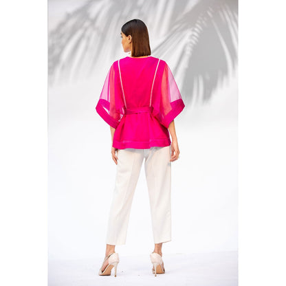 MANDIRA WIRK Hot Pink Peplum Top With Ivory Pant And Belt (Set Of 3)