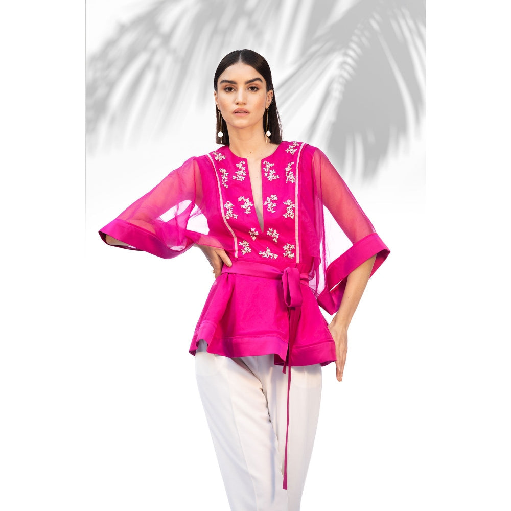 MANDIRA WIRK Hot Pink Peplum Top With Ivory Pant And Belt (Set Of 3)