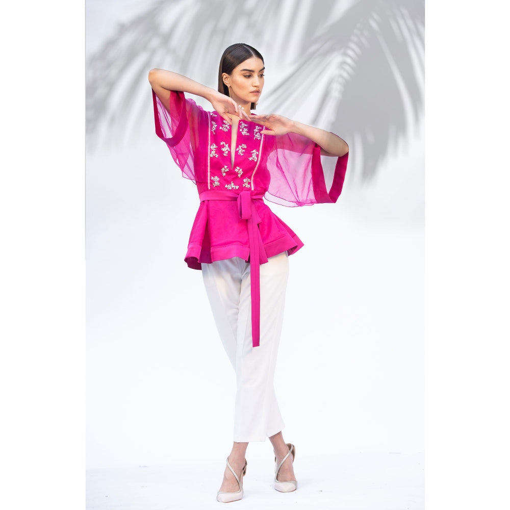 MANDIRA WIRK Hot Pink Peplum Top With Ivory Pant And Belt (Set Of 3)