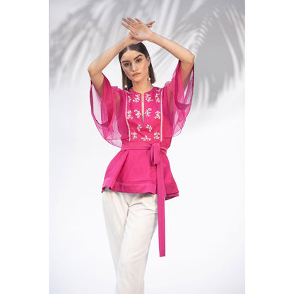 MANDIRA WIRK Hot Pink Peplum Top With Ivory Pant And Belt (Set Of 3)