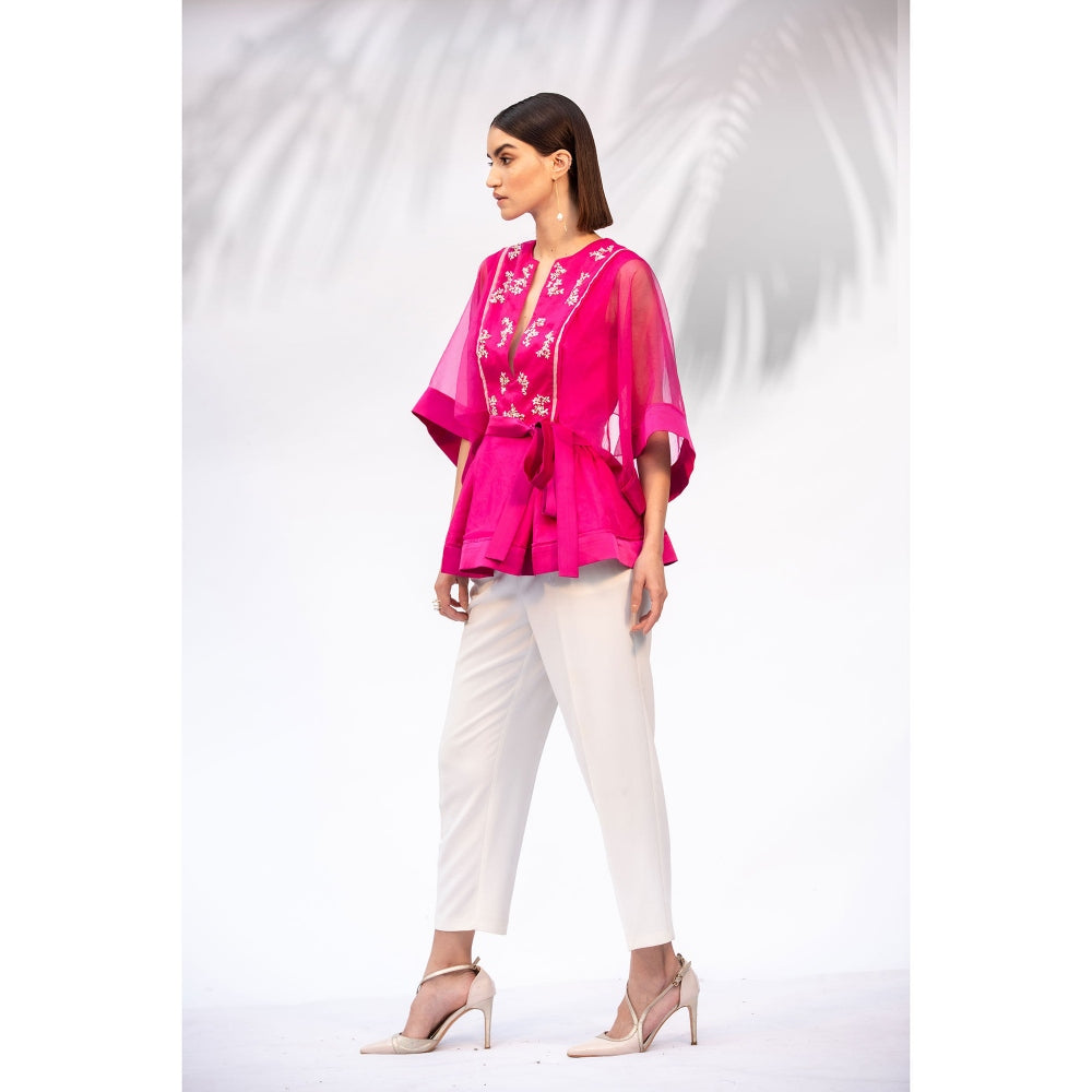 MANDIRA WIRK Hot Pink Peplum Top With Ivory Pant And Belt (Set Of 3)