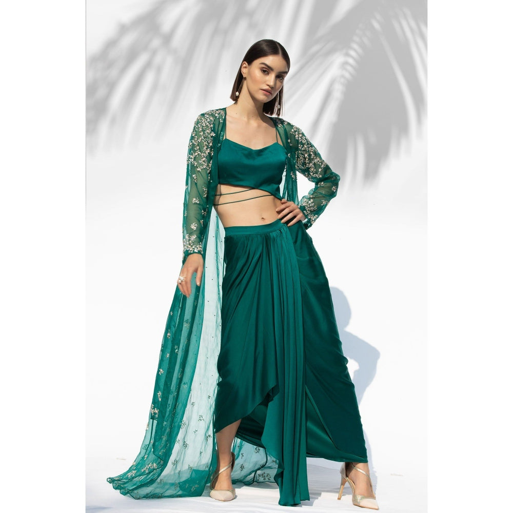 MANDIRA WIRK Emerald Green Jacket With Drape Skirt And Bustier (Set Of 3)
