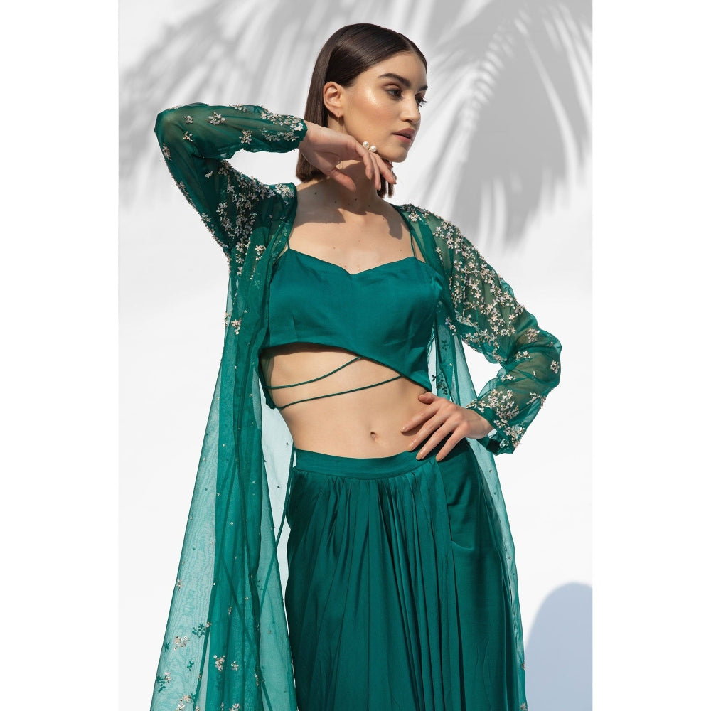 MANDIRA WIRK Emerald Green Jacket With Drape Skirt And Bustier (Set Of 3)