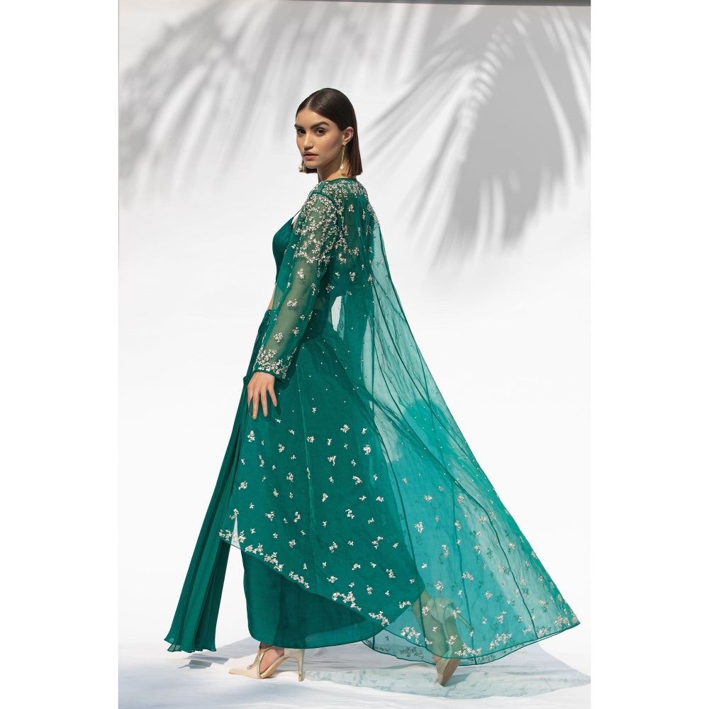 MANDIRA WIRK Emerald Green Jacket With Drape Skirt And Bustier (Set Of 3)