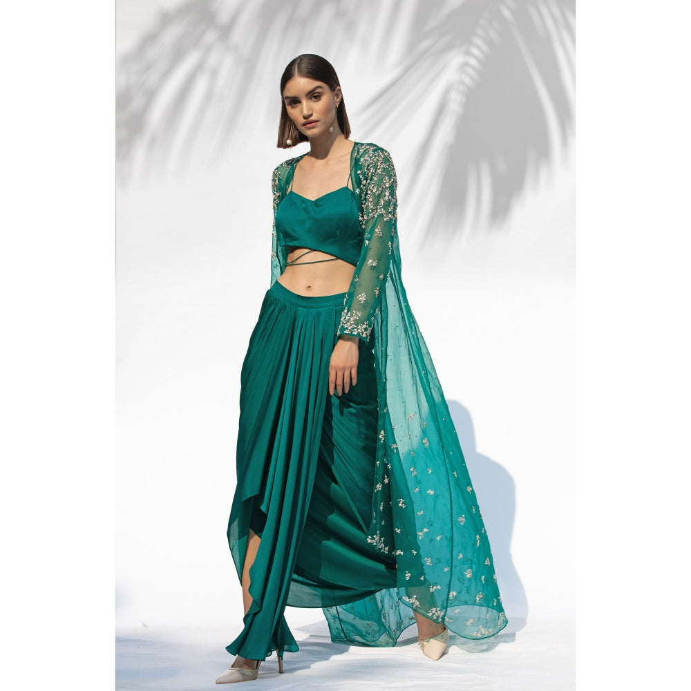 MANDIRA WIRK Emerald Green Jacket With Drape Skirt And Bustier (Set Of 3)