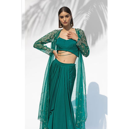 MANDIRA WIRK Emerald Green Jacket With Drape Skirt And Bustier (Set Of 3)