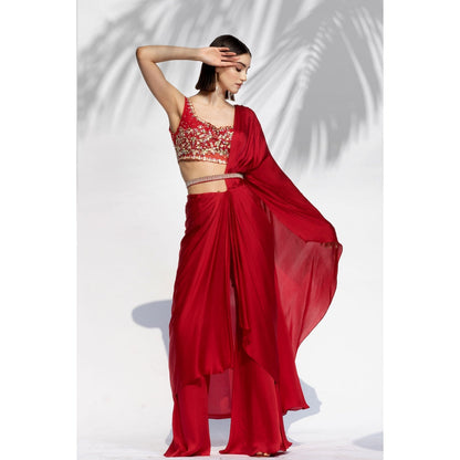 MANDIRA WIRK Ruby Red Drape Saree Belt With Blouse (Set Of 3)