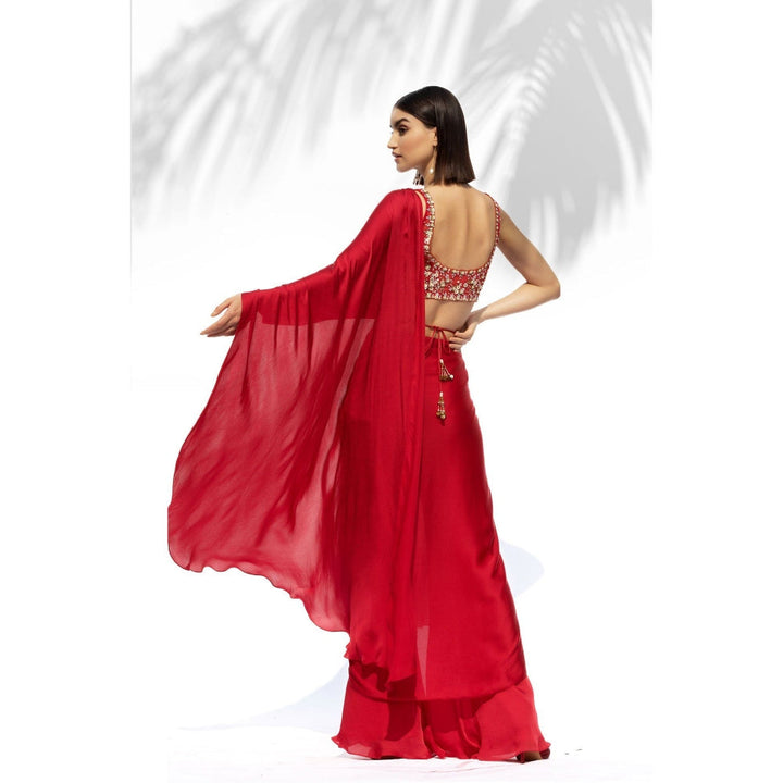 MANDIRA WIRK Ruby Red Drape Saree Belt With Blouse (Set Of 3)
