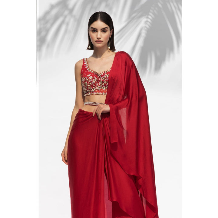 MANDIRA WIRK Ruby Red Drape Saree Belt With Blouse (Set Of 3)