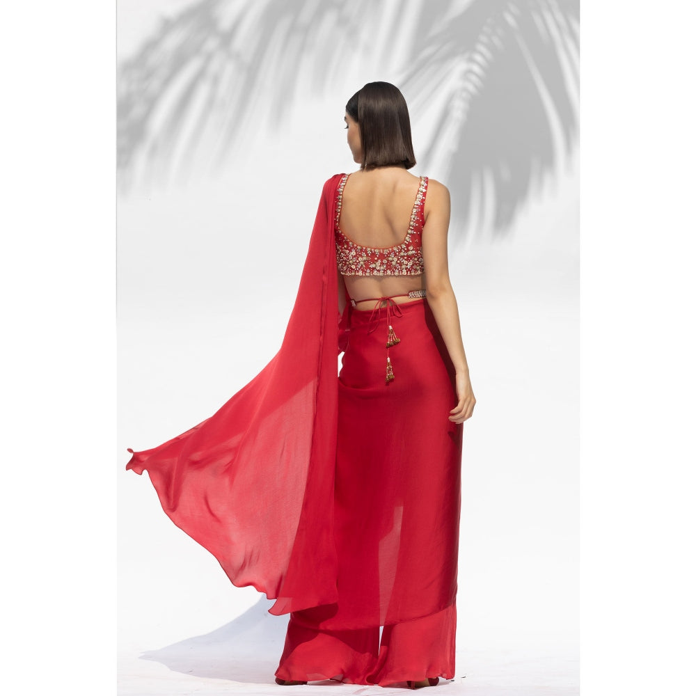 MANDIRA WIRK Ruby Red Drape Saree Belt With Blouse (Set Of 3)