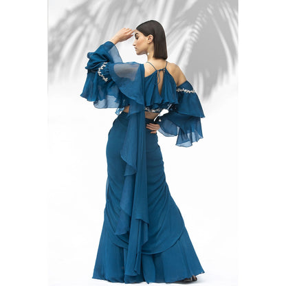 MANDIRA WIRK Saphire Blue Darpe Saree With Blouse (Set Of 2)