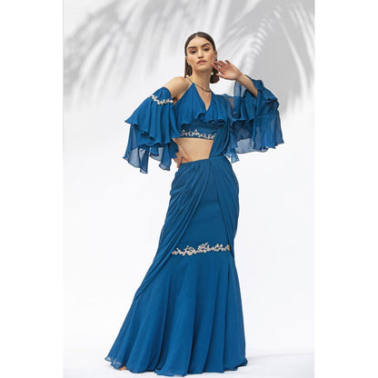 MANDIRA WIRK Saphire Blue Darpe Saree With Blouse (Set Of 2)