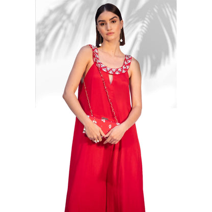 MANDIRA WIRK Red Hand Embroidered Clutch