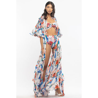 MANDIRA WIRK Lycra Printed Two Piece Bikini with Chiffon Cape Ivory & Blue (Set of 3)