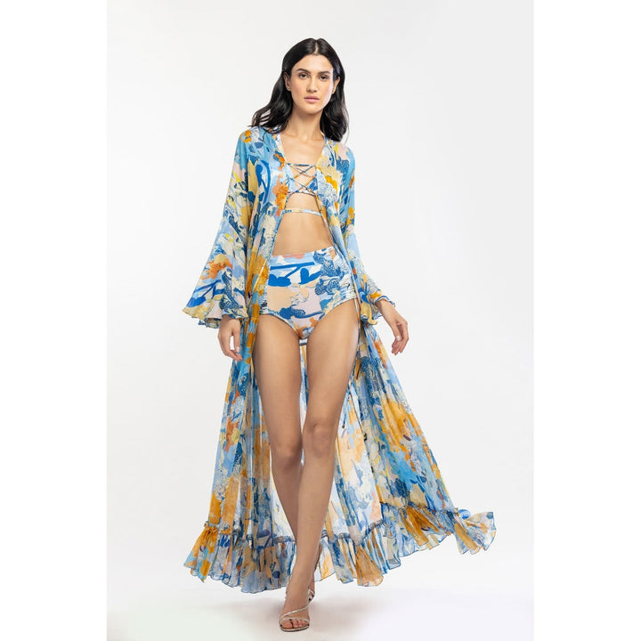 MANDIRA WIRK Lycra Printed Two Piece Bikini with Chiffon Cape Yellow & Blue (Set of 3)
