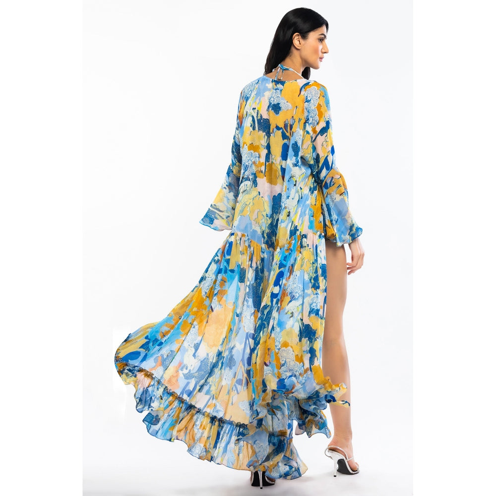 MANDIRA WIRK Lycra Printed Two Piece Bikini with Chiffon Cape Yellow & Blue (Set of 3)