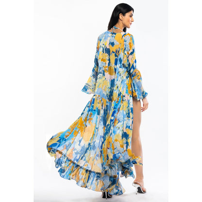 MANDIRA WIRK Lycra Printed Two Piece Bikini with Chiffon Cape Yellow & Blue (Set of 3)