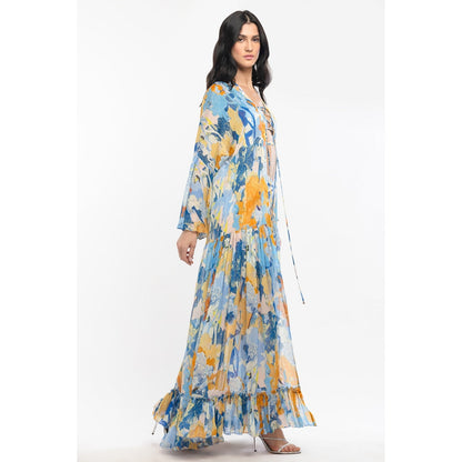 MANDIRA WIRK Lycra Printed Two Piece Bikini with Chiffon Cape Yellow & Blue (Set of 3)