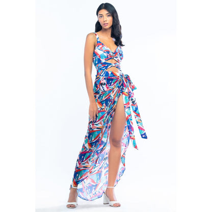 MANDIRA WIRK Lycra Printed Bodysuit with Chiffon Wrap Blue & Pink (Set of 2)