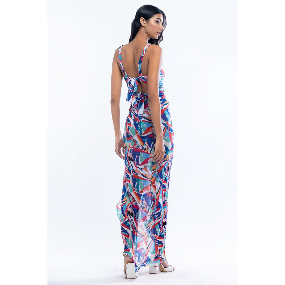 MANDIRA WIRK Lycra Printed Bodysuit with Chiffon Wrap Blue & Pink (Set of 2)