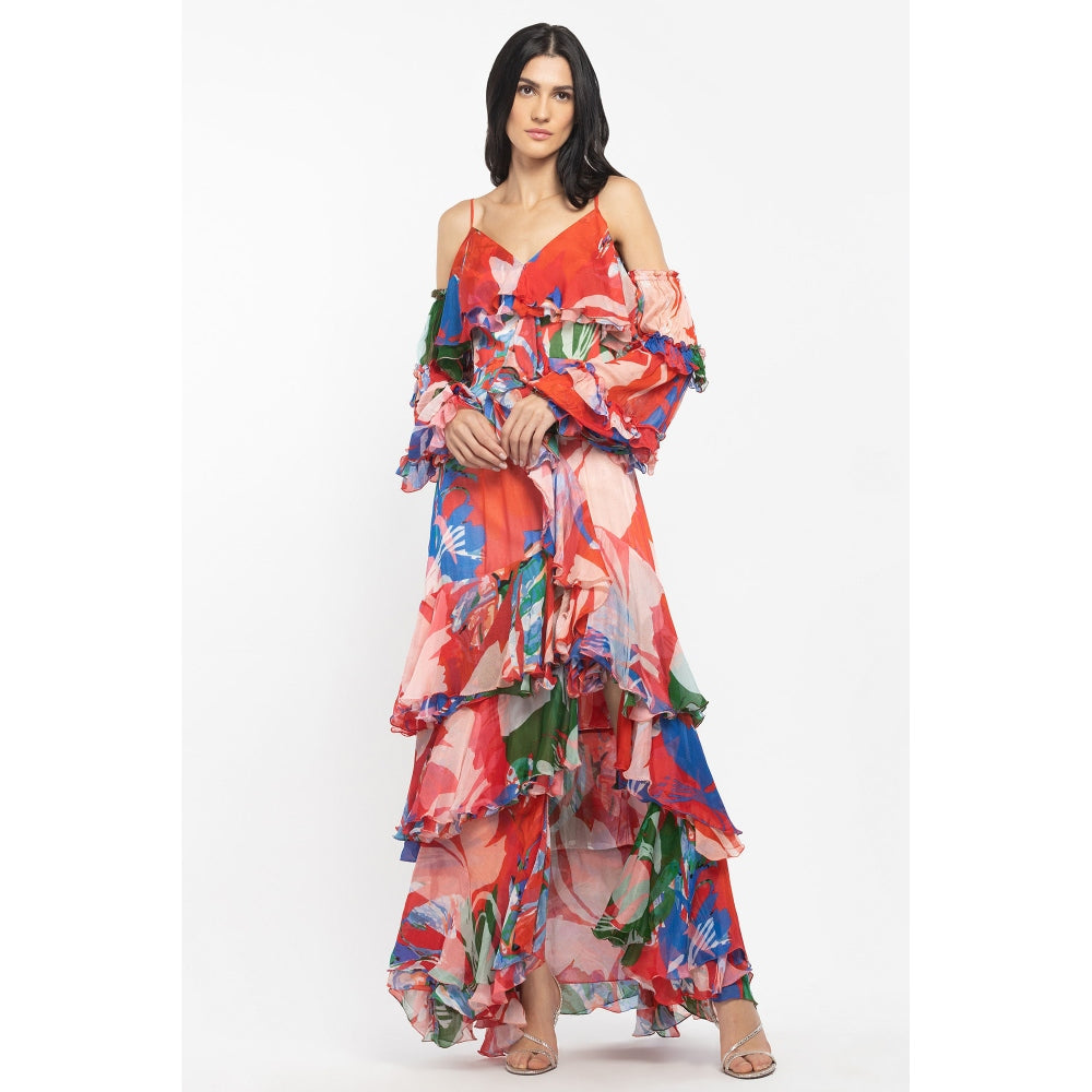 MANDIRA WIRK Chiffon Printed Layered Long Dress Red