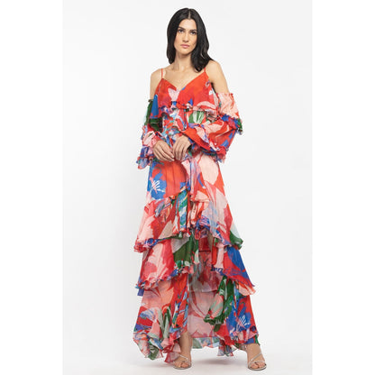 MANDIRA WIRK Chiffon Printed Layered Long Dress Red