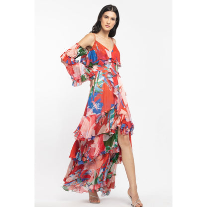 MANDIRA WIRK Chiffon Printed Layered Long Dress Red