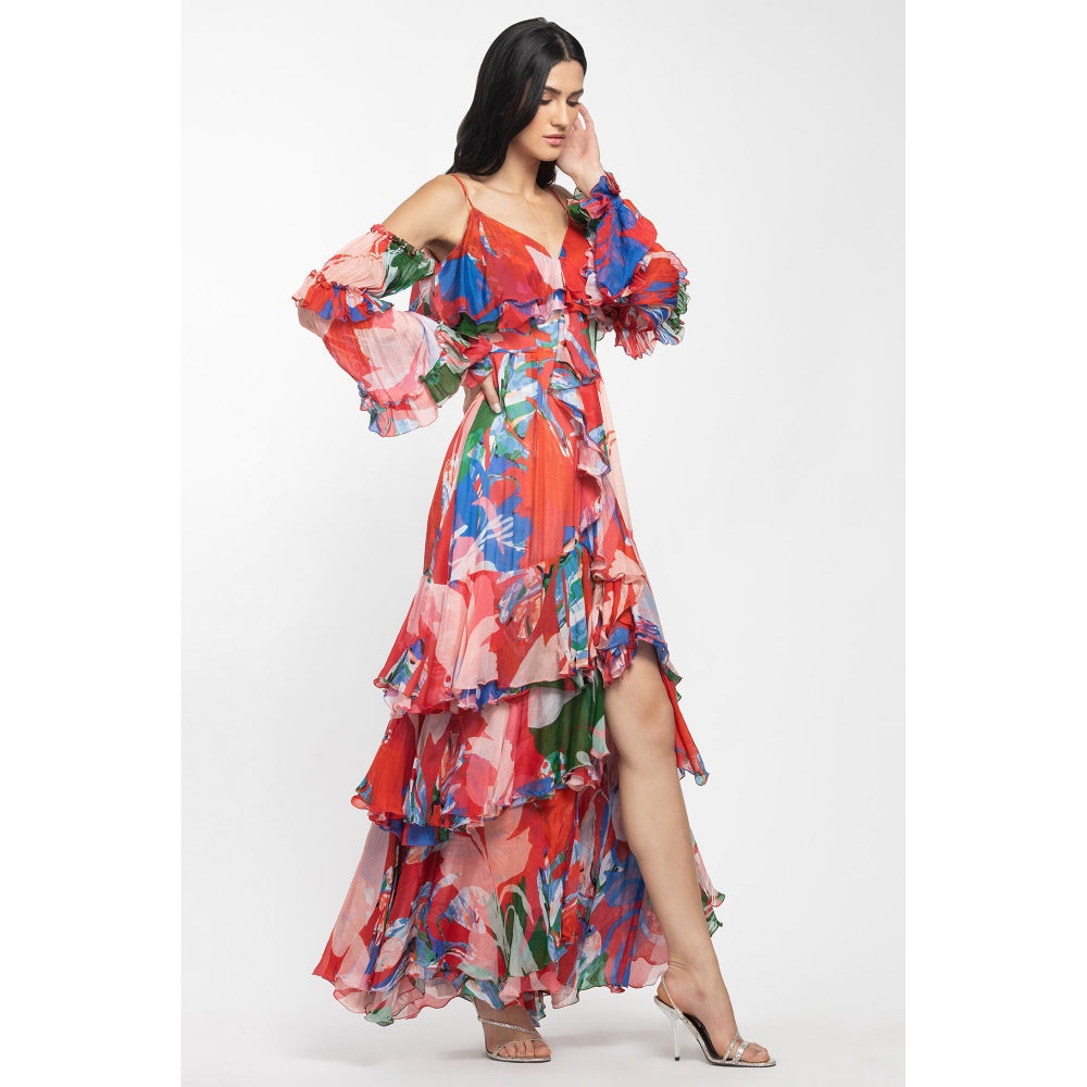 MANDIRA WIRK Chiffon Printed Layered Long Dress Red