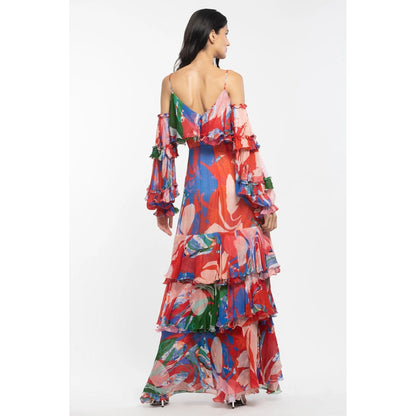 MANDIRA WIRK Chiffon Printed Layered Long Dress Red
