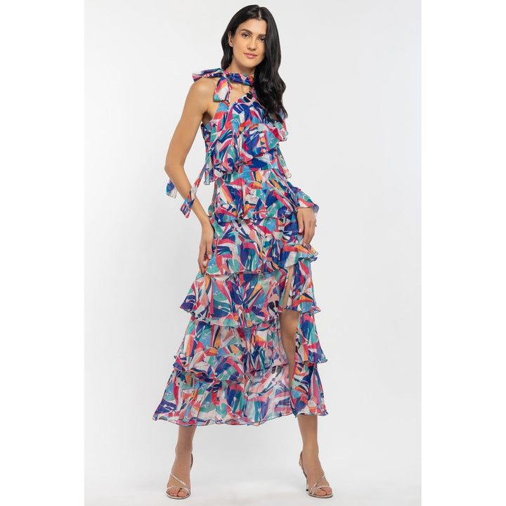 MANDIRA WIRK Chiffon Printed Layered Dress Blue