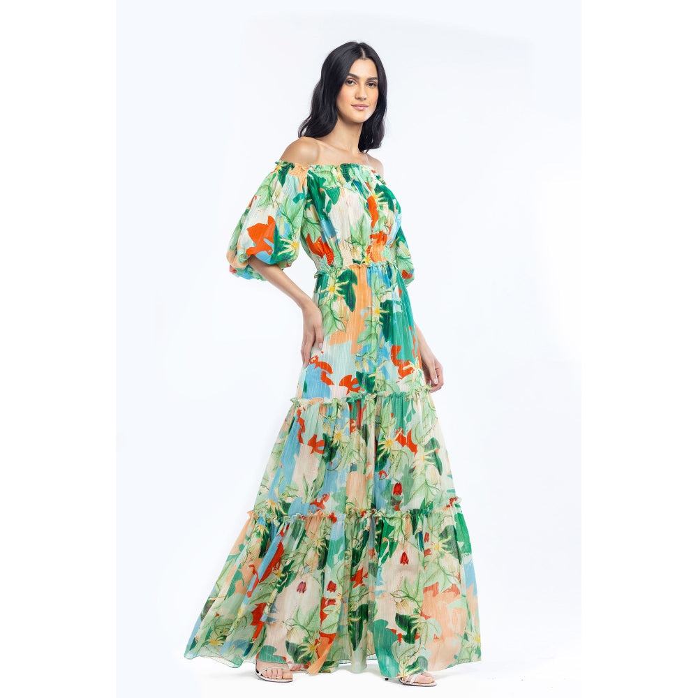 MANDIRA WIRK Cotton Lurex Printed Off Shoulder Long Dress Green