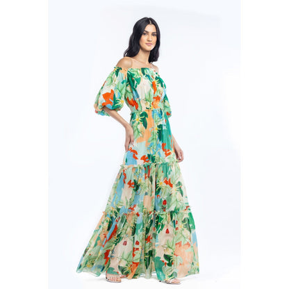 MANDIRA WIRK Cotton Lurex Printed Off Shoulder Long Dress Green