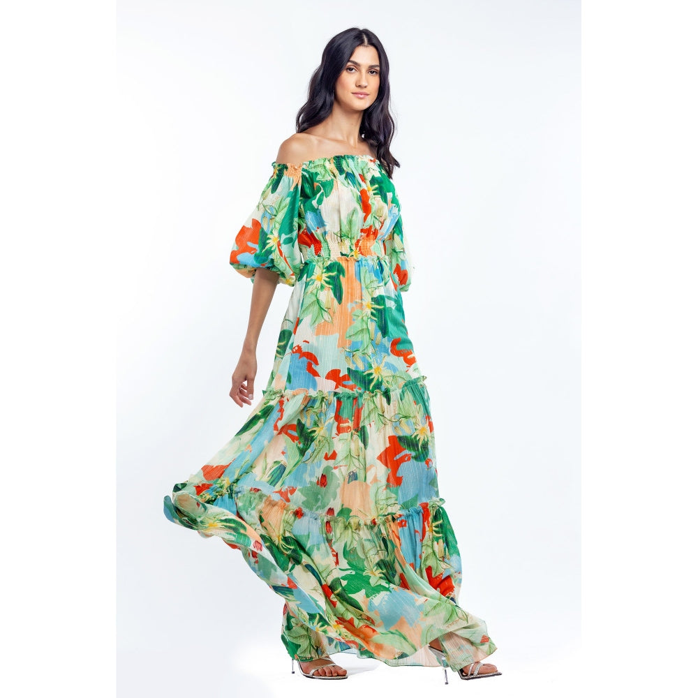 MANDIRA WIRK Cotton Lurex Printed Off Shoulder Long Dress Green