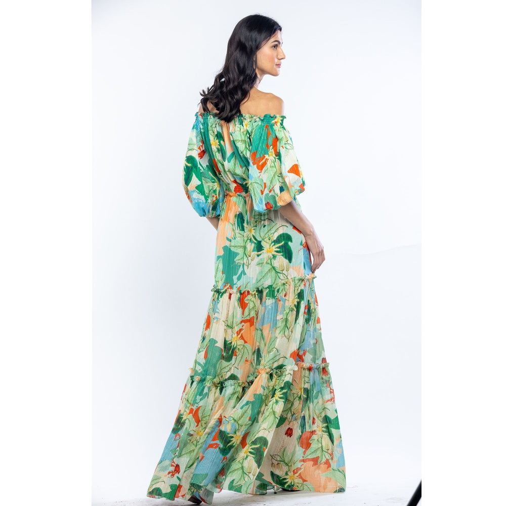 MANDIRA WIRK Cotton Lurex Printed Off Shoulder Long Dress Green