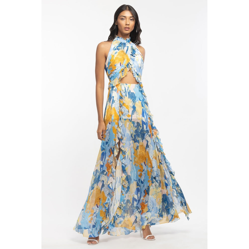 MANDIRA WIRK Chiffon Printed Halter Neck Long Dress Yellow & Blue