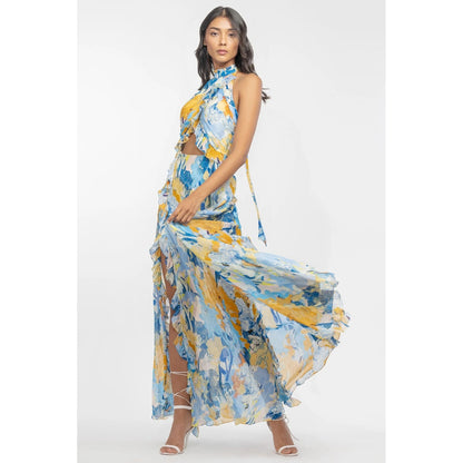 MANDIRA WIRK Chiffon Printed Halter Neck Long Dress Yellow & Blue
