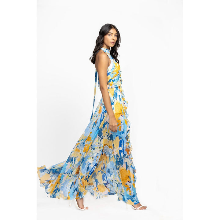 MANDIRA WIRK Chiffon Printed Halter Neck Long Dress Yellow & Blue