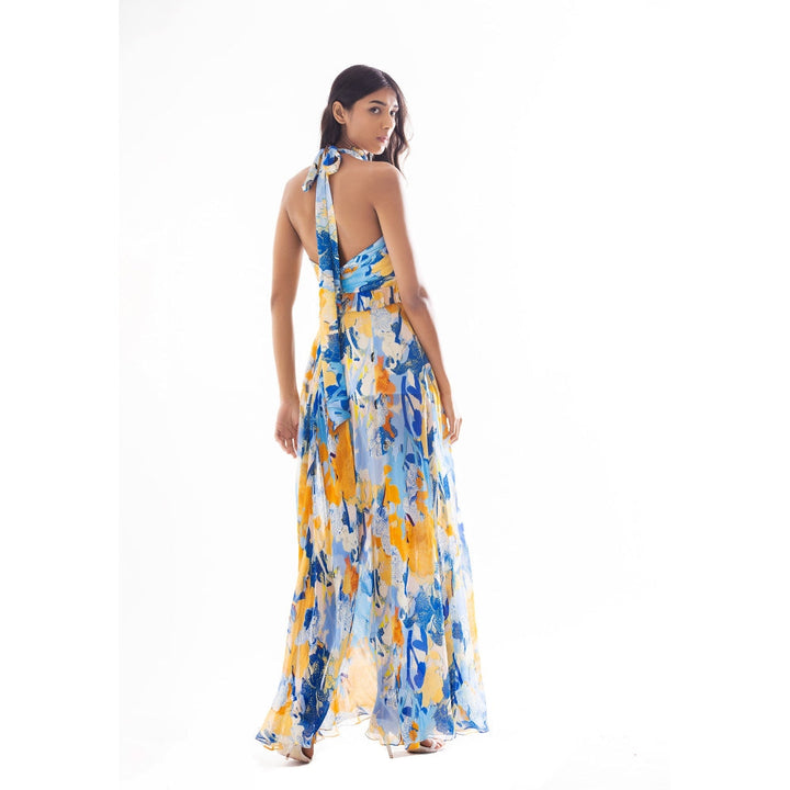MANDIRA WIRK Chiffon Printed Halter Neck Long Dress Yellow & Blue