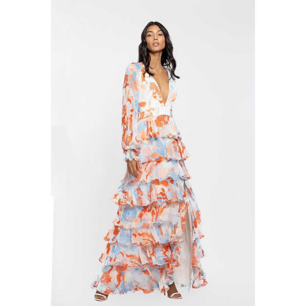 MANDIRA WIRK Chiffon Printed Long Layered Dress Ivory & Orange