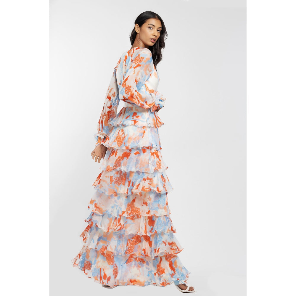 MANDIRA WIRK Chiffon Printed Long Layered Dress Ivory & Orange