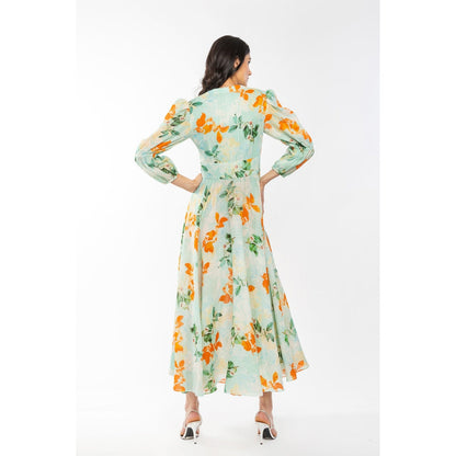 MANDIRA WIRK Cotton Lurex Printed Flaired Dress Blue