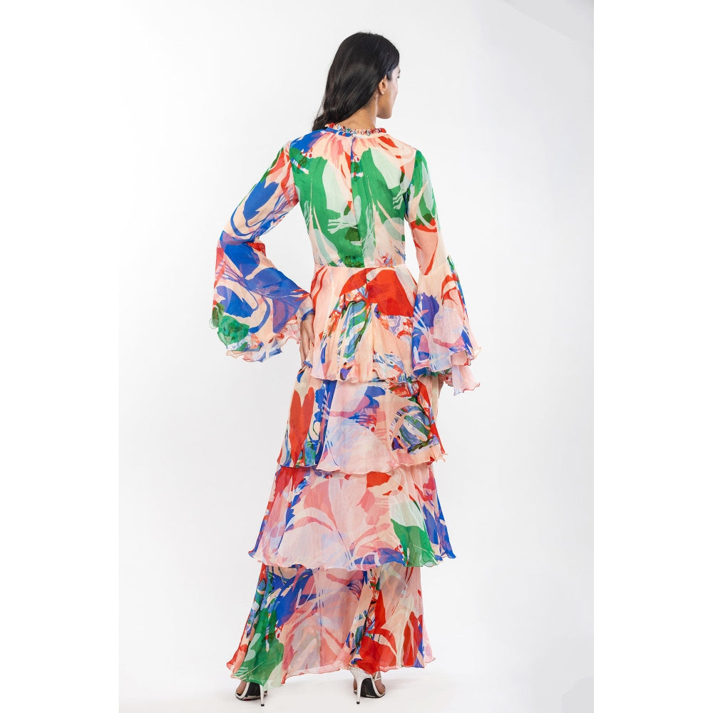 MANDIRA WIRK Chiffon Printed Layered Dress Beige & Red