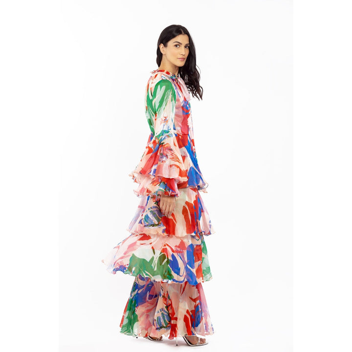 MANDIRA WIRK Chiffon Printed Layered Dress Beige & Red