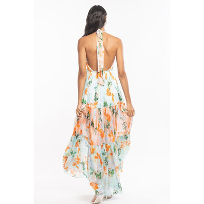 MANDIRA WIRK Chiffon Printed Layered Halter Neck Dress Peach & Blue