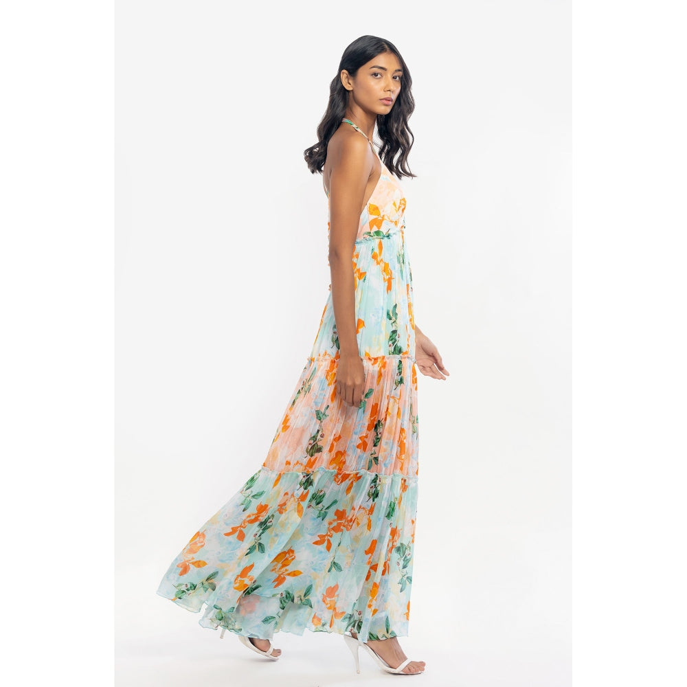 MANDIRA WIRK Chiffon Printed Layered Halter Neck Dress Peach & Blue