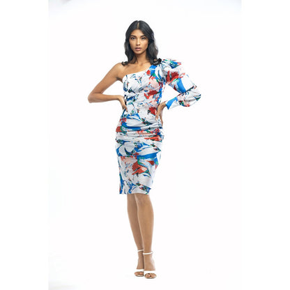 MANDIRA WIRK Satin Printed One Shoulder Draped Dress Ivory & Blue