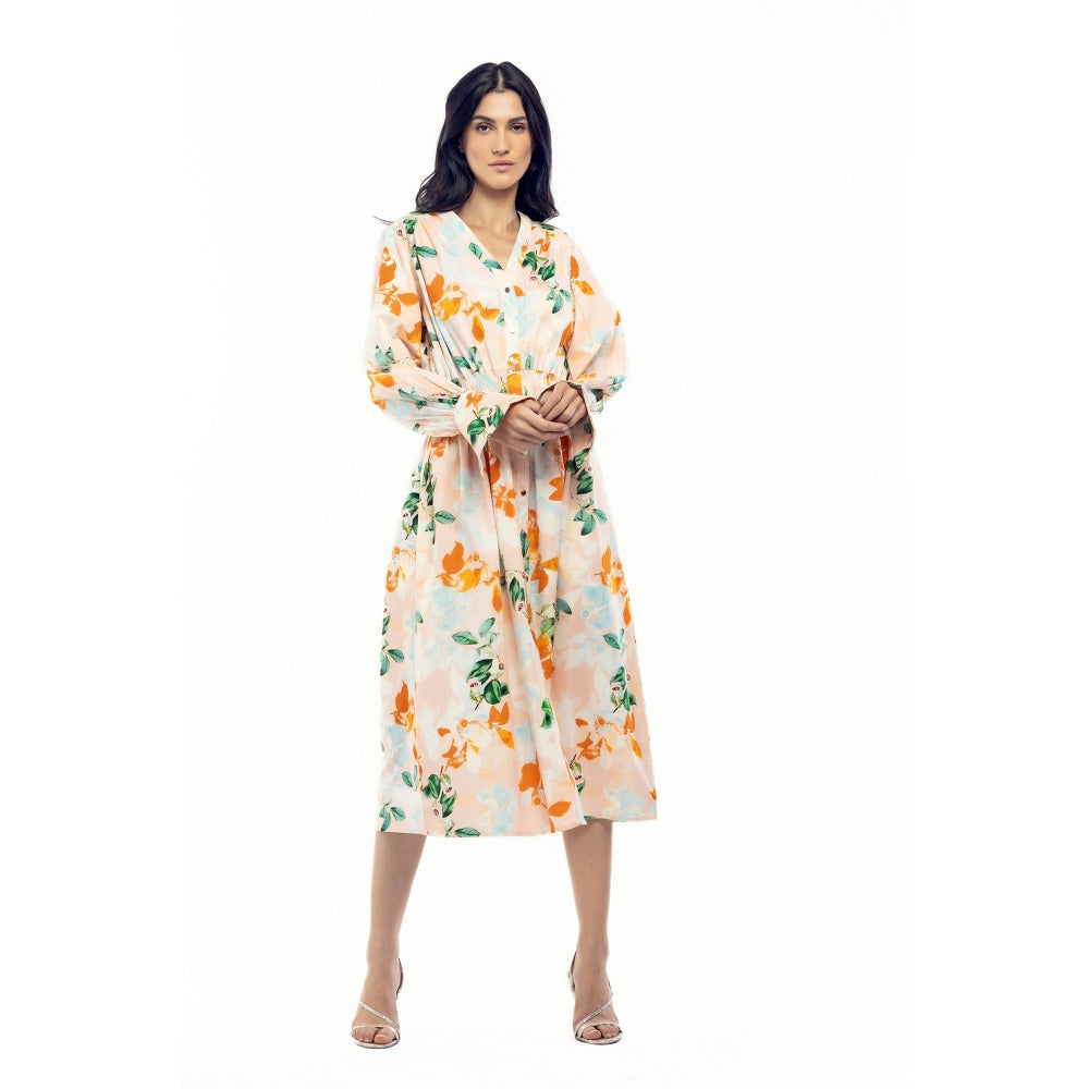 MANDIRA WIRK Cotton Poplin Printed Shirt Dress Peach