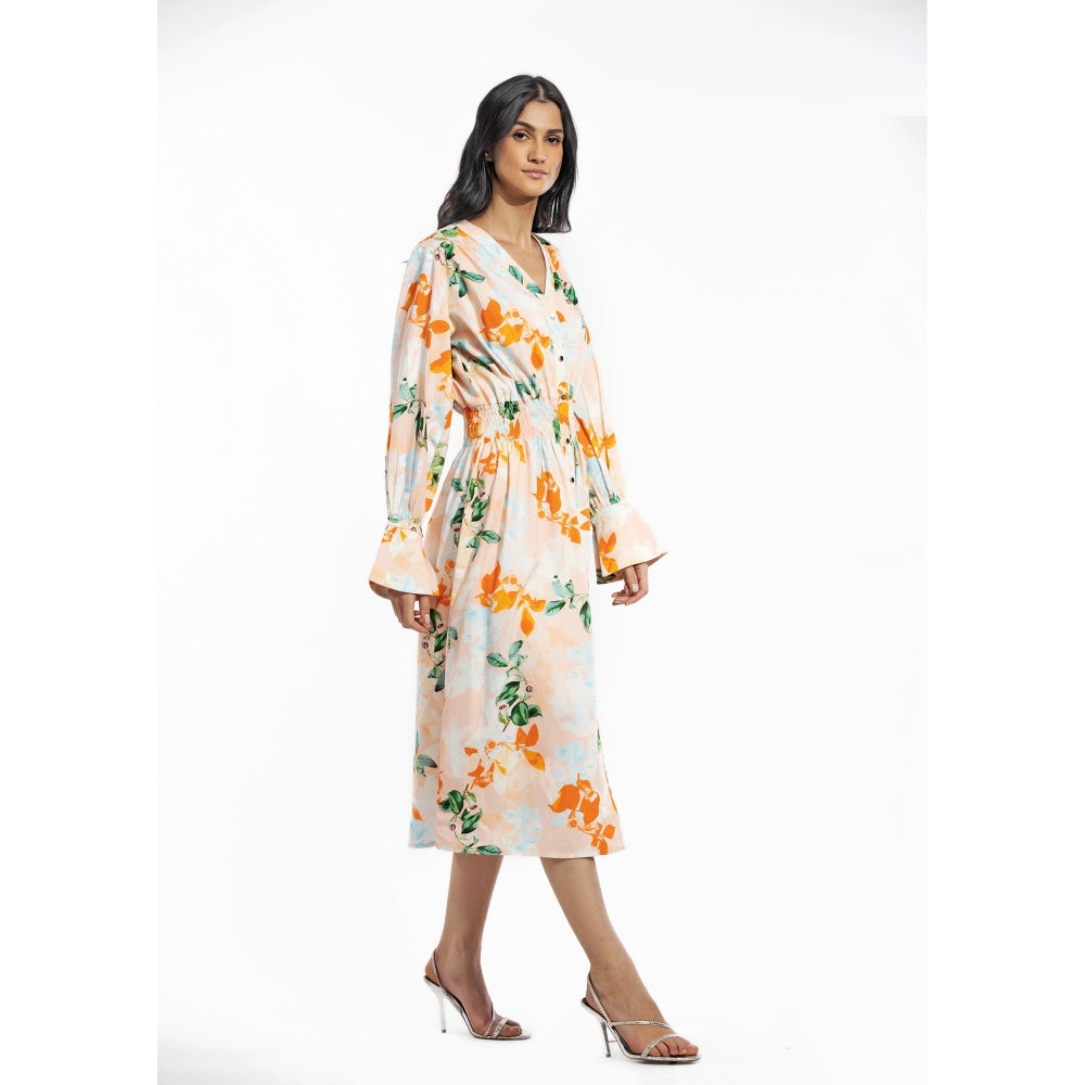 MANDIRA WIRK Cotton Poplin Printed Shirt Dress Peach