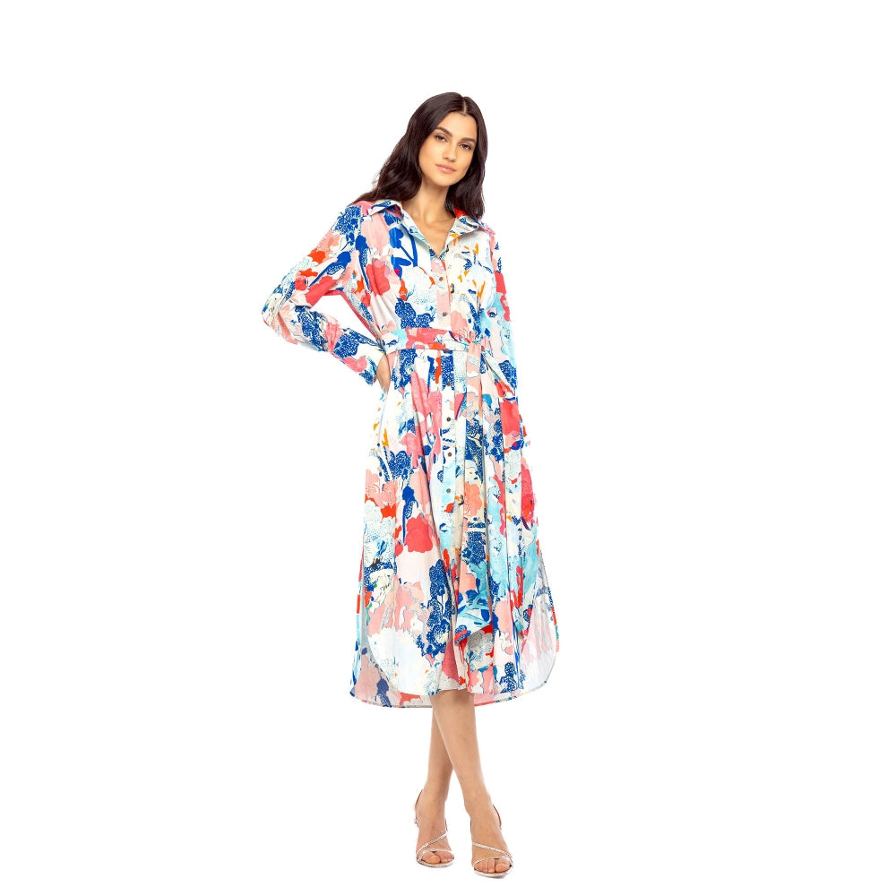MANDIRA WIRK Cotton Poplin Printed Shirt Dress with Belt Blue & Pink (Set of 2)